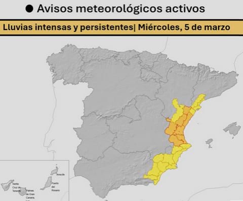 Aviso AEMET por lluvias 5 de marzo 2025